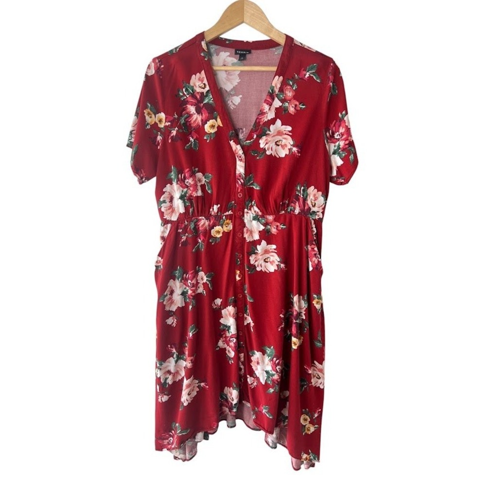 Torrid Red Floral Button Front Midi Dress Plus Size 2 Casual Summer Garden Party